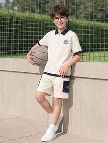 Casuvi Kids 2pcs/Set Teenager Boys' Outfit Navy Blue,Summer,Casual,School,Back-To-School American College Style Polo Shirt&Cargo Shorts Tween Boy Clothes Set - Beige - View 1