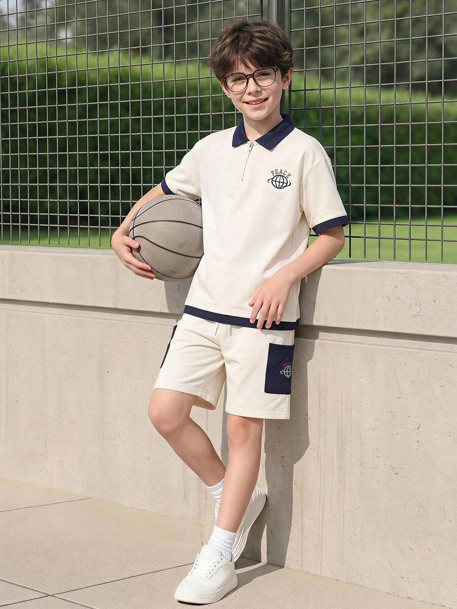 Casuvi Kids 2pcs/Set Teenager Boys' Outfit Navy Blue,Summer,Casual,School,Back-To-School American College Style Polo Shirt&Cargo Shorts Tween Boy Clothes Set - Beige - View 1