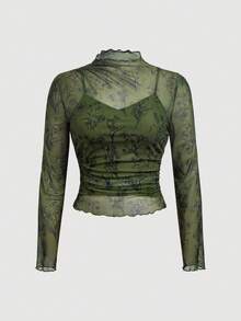 SHEIN MOD Plus Size Women's Stand Collar Floral Print Pleated Slim Fit Versatile Daily Wear Top Fall - Green - View 4