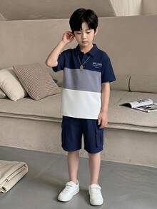 SHEIN Casuvi Kids 青少年男孩春夏季短袖 Polo 衫 & 長褲 2 件套，時尚針織條紋動物印花，休閒舒適大口袋長褲，百搭戶外穿搭 - 彩色 - 查看 4
