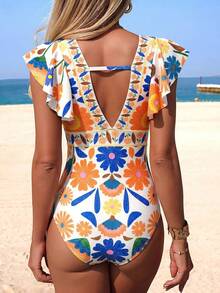 Swim Lushoire Women's One-Piece Swimsuit With Ruffle Sleeves, Deep V-Neck, Overlap Collar And Ruched Detail - Multicolor - View 7