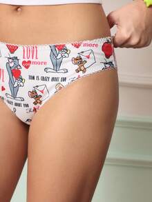 Chillnights TOM & JERRY X SHEIN Women's Cartoon Print Lace Patchwork Sweet Cute Triangle Panties - Red - View 4