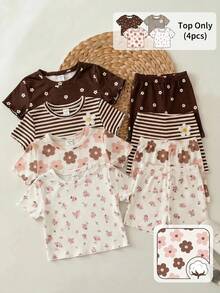 SHEIN 4 piezas Blusas de manga corta con estampado y dobladillo ondulado acanalado, lindas para niñas, verano - Multicolor - Ver 5