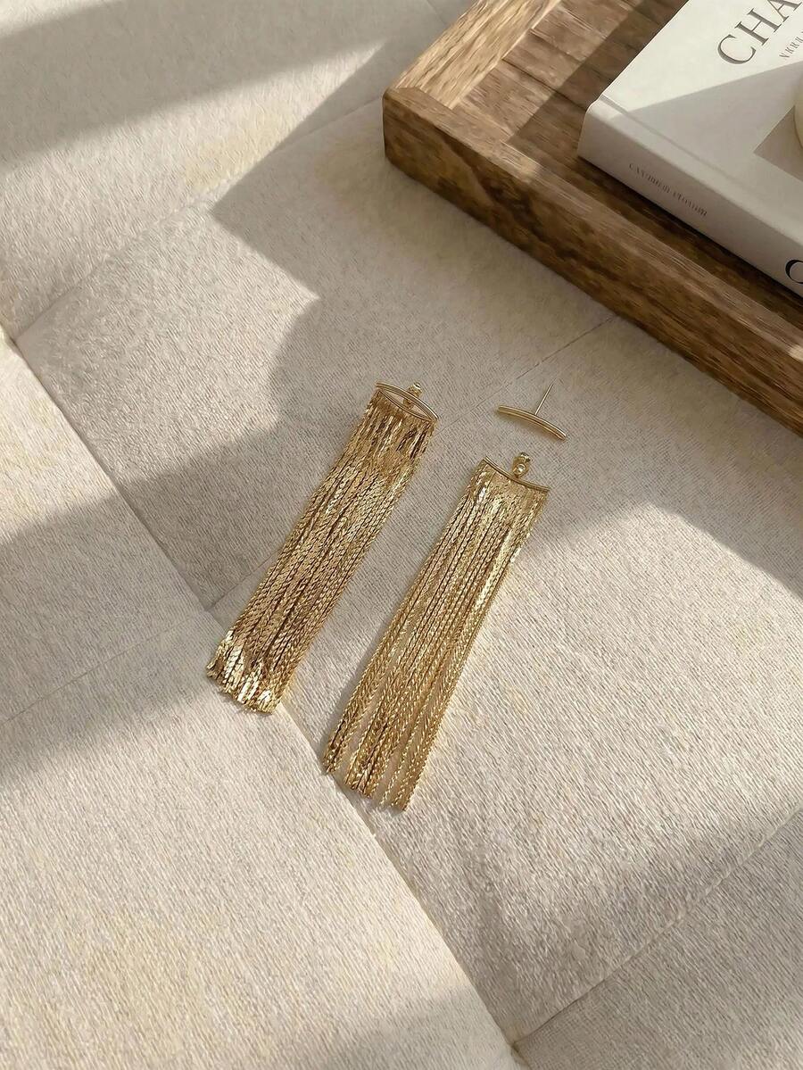Resyla 1 Pair Metal Chain Tassel Pendant Earrings, Elegant Minimalist Style Jewelry Fashion Earring For Women - Gold - View 1