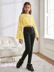 SHEIN Tween Girl Tween Girl Solid Color Simple Hollow Out Round Neck Pullover Hoodie - Yellow - View 5
