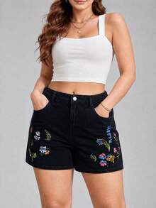 EMERY ROSE Plus Size Women's Casual Elegant Denim Shorts Vacation Black Summer - Black - View 6