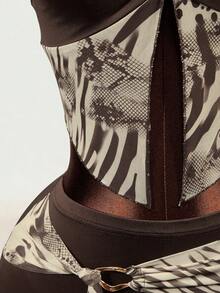 Mistrie Summer Sexy Animal Print Patchwork Backless Halter Top And Skirt Set - Brown - View 4