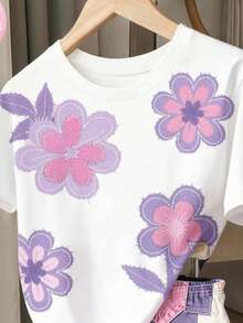 2er/Set Mädchen Lässig Sommer Blumenmuster Rundhals Kurzarm Strick T-Shirt und 3D Muster weiches Strick Shorts Set, Sommer Neu SS26 Modeartikel, Sommerbekleidung - Verschiedenfarbig - Übersicht 3