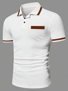Calvornis 男士對比色短袖休閒通勤 Polo 衫，正式儀式適用 - 白色 - 查看 4