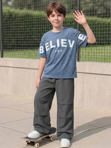 SHEIN Casuvi Kids 男童休闲日常通勤字母印花短袖T恤和松紧腰裤套装，春夏秋季 - 彩色 - 查看 6