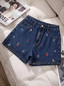 GlowEve Women's Summer Embroidered Denim Shorts - Dark Wash - View 3