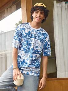 Men's Round Neck Digital Print Short Sleeve T-Shirt - Multicolor - View 1