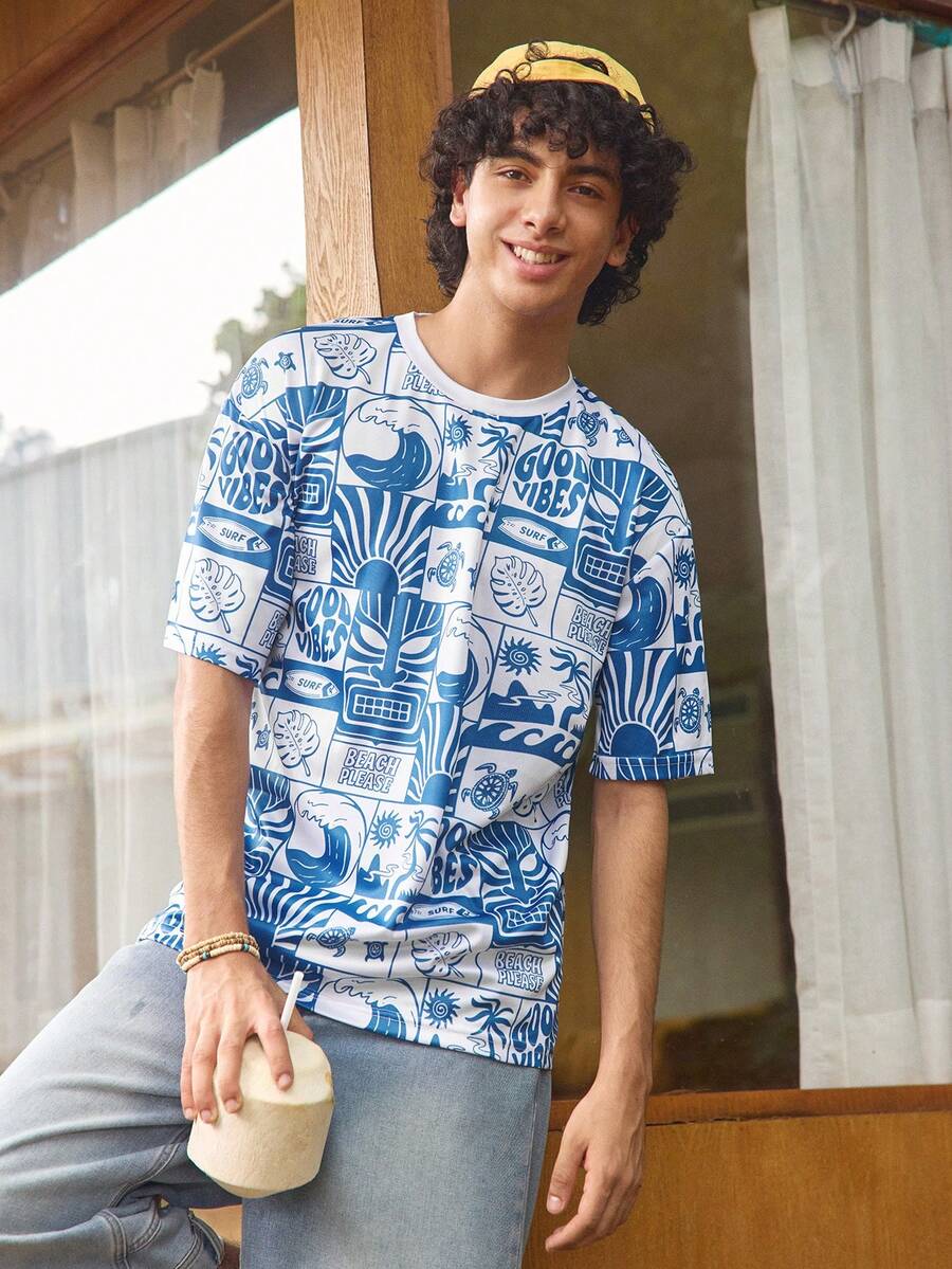 Men's Round Neck Digital Print Short Sleeve T-Shirt - Multicolor - View 1