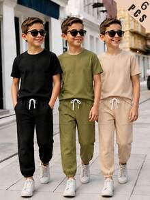 3pcs/Set Boys Summer Casual Solid Color Crew Neck Short Sleeve T-Shirt And Jogger Pants Set, Loose Fit, Multi-Color Options, Suitable For Daily Wear, School Activities, Outdoor Play, Family Gatherings, Photo Shoots - Multicolor - View 1