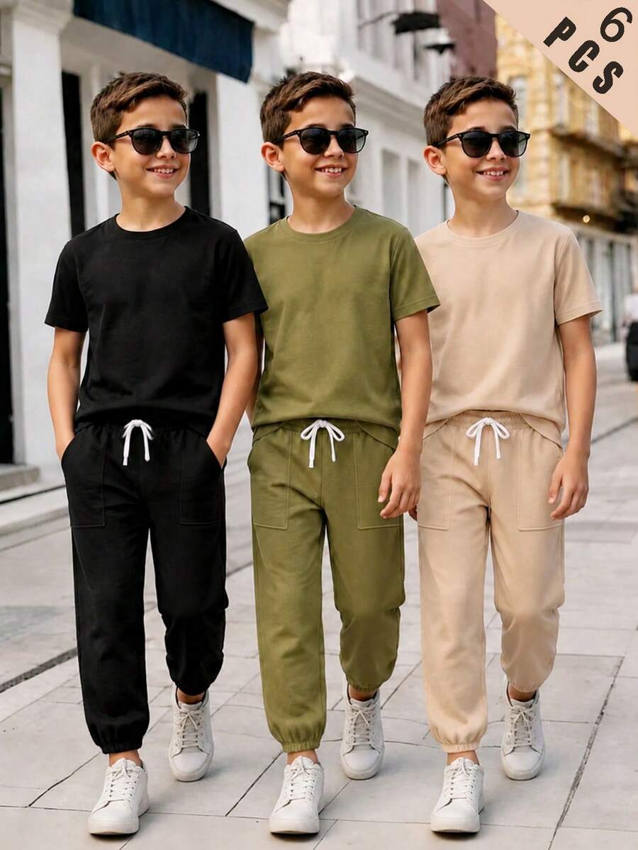 3pcs/Set Boys Summer Casual Solid Color Crew Neck Short Sleeve T-Shirt And Jogger Pants Set, Loose Fit, Multi-Color Options, Suitable For Daily Wear, School Activities, Outdoor Play, Family Gatherings, Photo Shoots - Multicolor - View 1