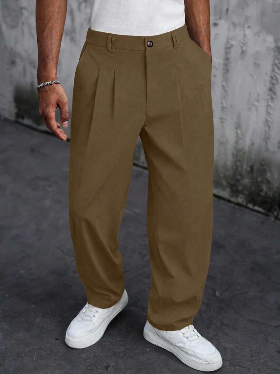 SLATEMANN Pantalones casuales de pierna recta con pliegues y bolsillos de unicolor para hombres - Café integral - View 1