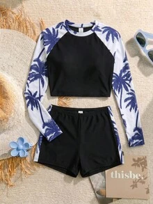 SHEIN 少女插肩袖热带植物印花上衣和短裤泳装套装，青少年两件套泳衣，款式保守，长袖泳衣上衣，青少年两件套泳装，青少年两件套泳衣 - 彩色 - 查看 1