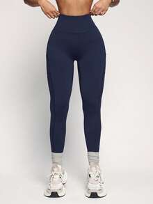 Easithlete Damen einfarbige Tasche lässige vielseitige Alltag Reise Sport enge Leggings - marineblau - Übersicht 7