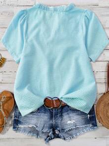 Linhara Women's Plus Size Solid Color Textured Fabric V-Neck Short Sleeve Casual Regular Fit Shirt, Going Out Tops, Vacation Club - Mint Blue - View 2