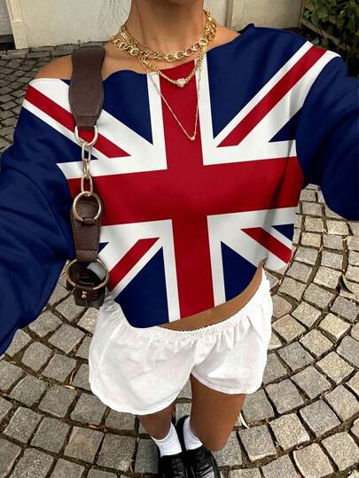 Muchica Moletom Casual Solto Feminino, Moletom Ombro a Ombro, Roupas Femininas Outono/Inverno, Estampa da Bandeira Britânica, Roupas Casuais Femininas, Streetwear, Streetwear, Adequado para Deslocamento Diário, Encontros, Reuniões, Outono/Inverno, Verão, Natal, Ano Novo, Ação de Graças, Festa, Casamento, Praia, Formatura, Elegante, Casual, Passeio