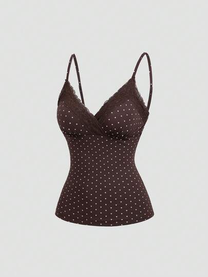Sweetra Early Autumn Fashion New American Romantic Polka Dot Contrast Lace Camisole With Convertible Straps, Waist-Flattering Slimming Sweet Women's Brown Tank Top