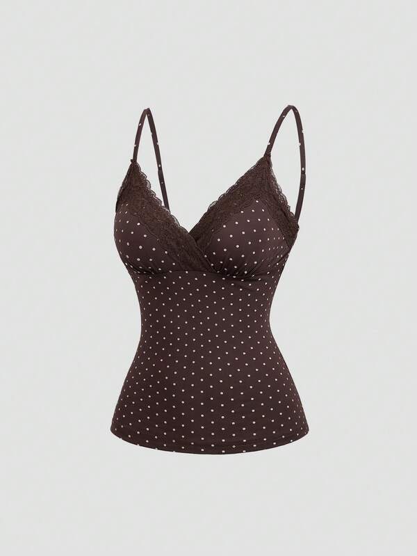 Sweetra Early Autumn Fashion New American Romantic Polka Dot Contrast Lace Camisole With Convertible Straps, Waist-Flattering Slimming Sweet Women's Brown Tank Top
