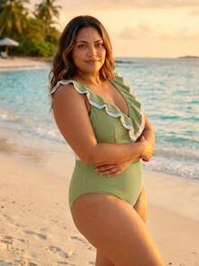 ELLERISSA Plus Size Green V-Neck Frill Trim One-Piece Swimsuit - Green - View 7