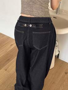 DAZY Solid Color Loose Button Decor Ankle Cuff Straight Leg Black Jeans - Dark Wash - View 2