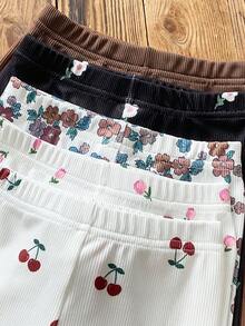 SHEIN 5件組女孩波點櫻花花卉印花純色緊身褲，舒適休閒修身長褲 - 彩色 - 查看 4