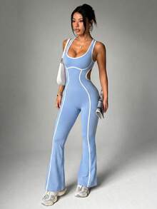 SHEIN Sovereign Charm Women's Sleeveless Cutout Waist Design Trimmed Sports Jumpsuit - Blue - View 1