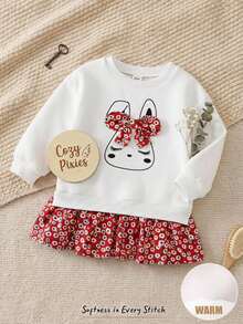 Cozy Pixies Baby Girl Cartoon Rabbit Pattern 3D Bow Decor Knitted Soft 2 In 1 Round Neck Long Sleeve Floral Patchwork Autumn Dress - Multicolor - View 4