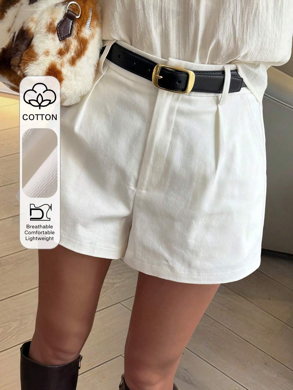 Women's Summer Pleated Regular Waist Urban Casual White Denim Shorts