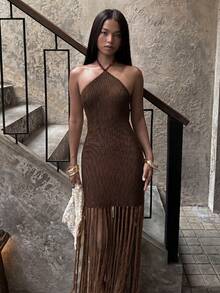 SHEIN BAE European And American Style Sexy Halter Neck Elastic Knit Tassel Fitted Slimming Backless Dress - Coffee Brown - View 8