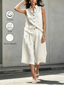 SHEIN Holidaya New Women's Summer Casual Vacation All Cotton White Top And White Pants 2-Piece Set, Summer, Autumn And Winter For Women, Women's White Casual Set, Women's Summer Vacation Outfit 2-Piece Set, Women's Elegant Comfortable 2-Piece Set, Women's Country Style Clothing 2-Piece Set, All Cotton White 2-Piece Set, Women's Beach Outfit 2-Piece Set, Women's Casual Top And Casual Pants 2-Piece Set, Suitable For Outings, Dates And Vacations - White - View 6