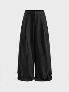 AXEPEAK Men's Plus Size Solid Color Minimalist Button Loose Fit Long Pants Business Office - Black - View 3