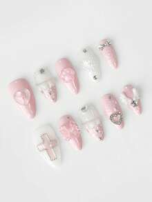 ROMWE Kawaii 10 Pcs Cute Pink Rhinestone Cross Nails+ 3 Pieces Of Double-Sided Tape, High-Quality Hand-Painted Almond-Shaped False Nails, Suitable For Daily Wear. - Pink - View 3