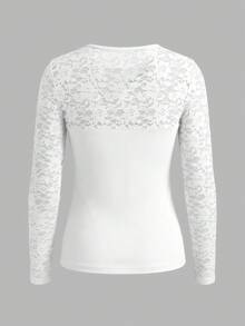 EMERY ROSE Camiseta de moda para mujer con cuello cuadrado, encaje en contraste, manga larga y ajuste ceñido - Blanco - Ver 2