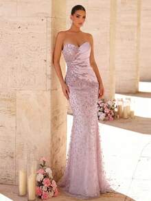 Glamrae Elegantes luxuriöses trägerloses Meerjungfrau-Kleid aus elastischem Strick mit Perlen, Pailletten, 3D-Blumenstickerei und Patchwork-Stoff, sexy, für Hochzeitsveranstaltungen, Junggesellinnenabschied, Urlaub, Abschlussball und Abendgala (Stil mit aufwendiger Verarbeitung) - Pink - Übersicht 8