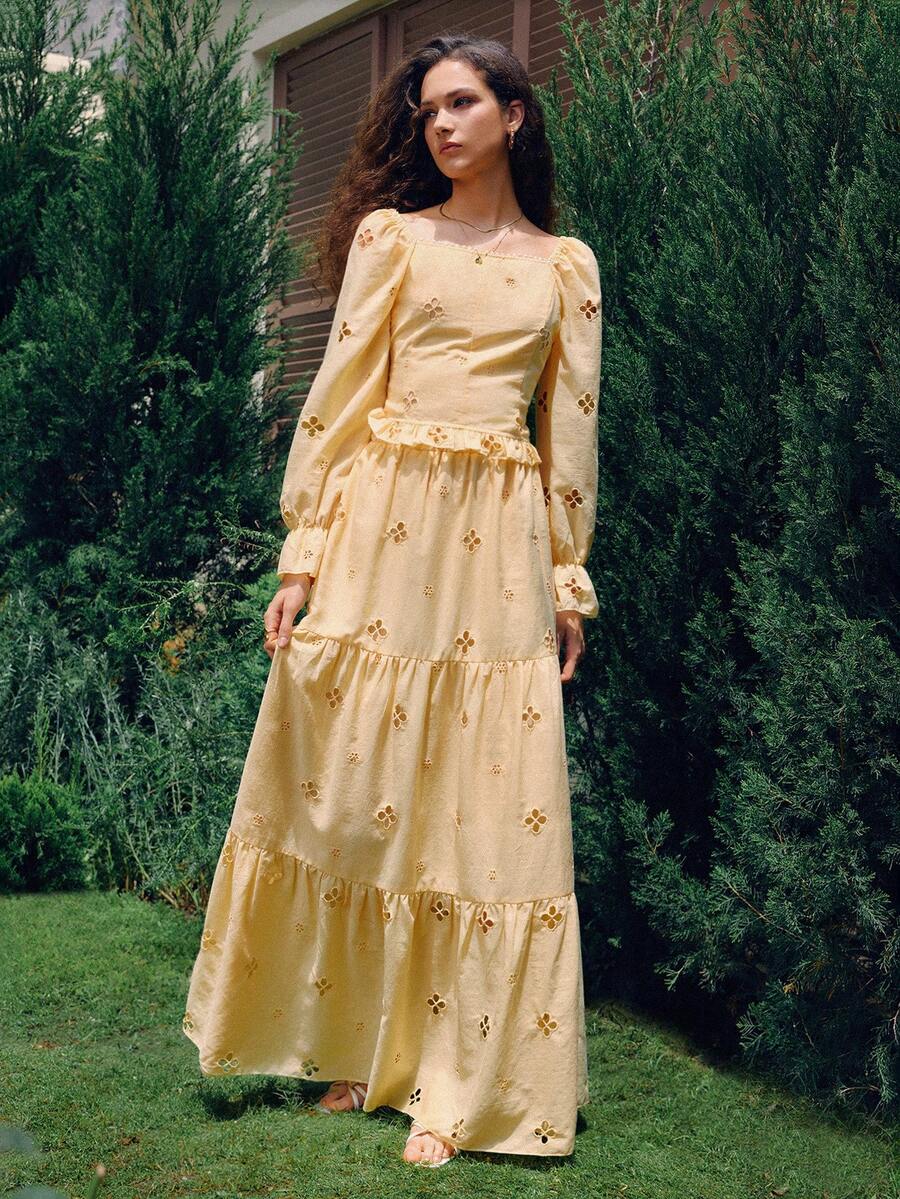 SHEIN Women's Spring/Autumn Yellow Hollow Embroidery Square Neck Ruffle Hem Short Top & Layered Long Skirt 2-Piece Set, Elegant Casual Outfit With Ruffle Cuff Design For Dating, Weekend And Outing - Yellow - View 1