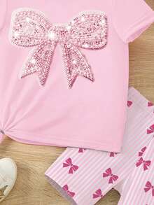 Summer Outfit Spring Summer Autumn Young Girls Casual Fashion Creative Personalized Fresh Minimalist Glitter Bow Pattern Print Summer Casual Vacation Style Basic Short T-Shirt And Cycling Pants Set Sets - Multicolor - View 7