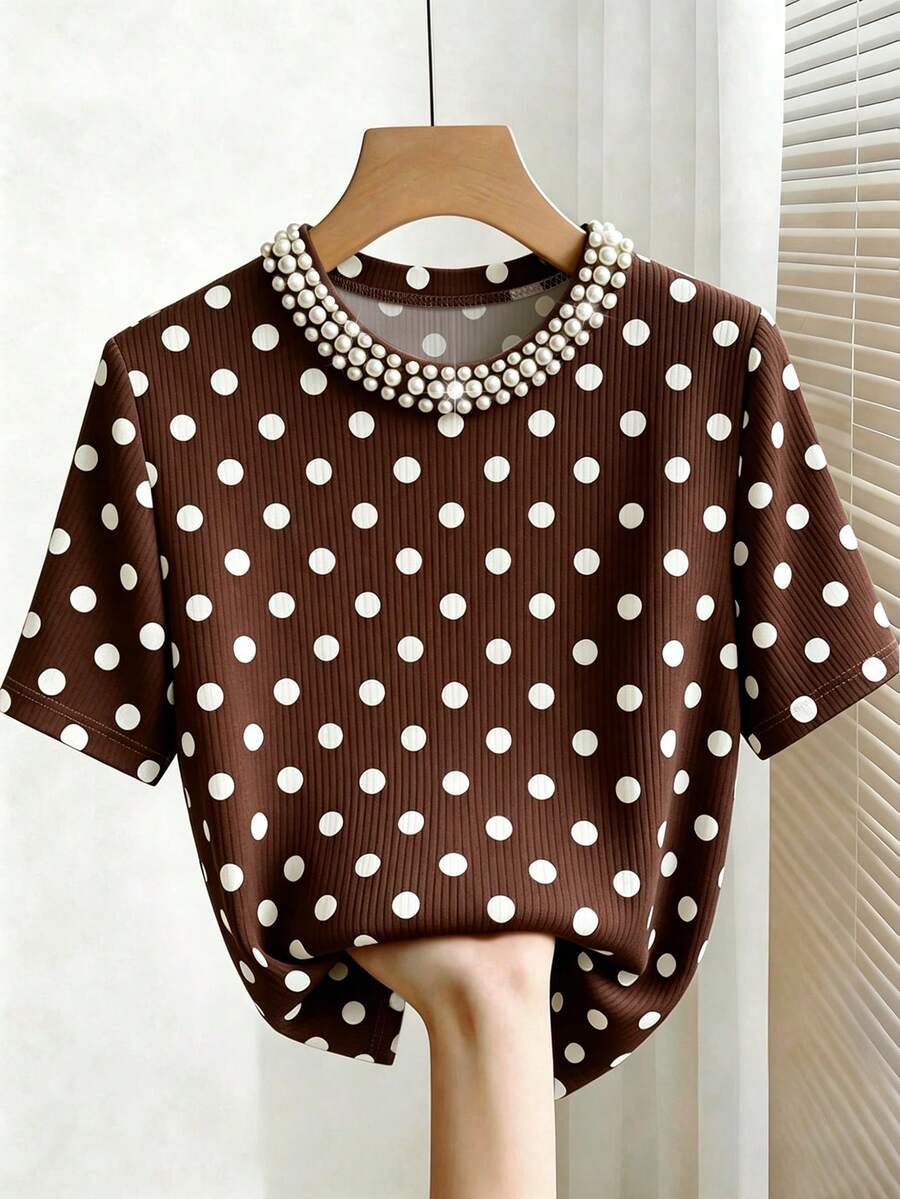 Franclia Elegant Slim Fit Round Neck Beaded Casual Ribbed Short Sleeve Women's T-Shirt - Brown - View 1