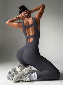 Slayform Solid Color Backless Seamless Sports Jumpsuit - Dark Grey - View 5