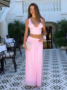 Sindi Myftari Women's Elegant V-Neck Camisole And High Waist Mesh Skirt 2-Piece Set, Spring/Summer Pink - Pink - View 1