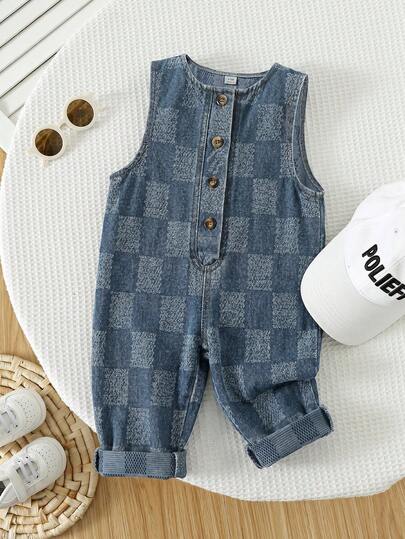 SHEIN 男嬰休閒可愛格紋無袖牛仔連身長褲，春/秋季