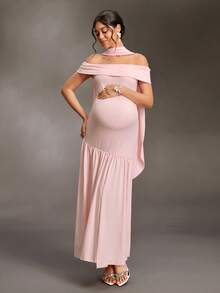 Cheriluna Maternity Women's Elegant Off-Shoulder Pleated Maternity Maxi Dress - Pink - View 3