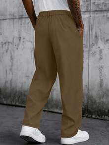 SLATEMANN Pantalones casuales de pierna recta con pliegues y bolsillos de unicolor para hombres - Café integral - View 2