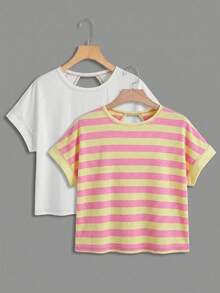 SHEIN Girlism Tween女孩春夏兩件式休閒時尚露背交叉開背對比線條設計圓領連肩短袖寬鬆版型T恤，返校季，母女套裝 - 彩色 - 查看 3