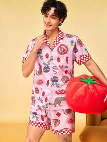 Notgurli Men's Cream Banana Skateboard Print Collared Single-Breasted Loungewear Set, Playful Casual Summer Home 2 Pcs Outfits - Multicolor - View 6
