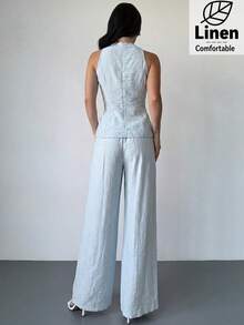Firerie 女款極簡優雅休閒日常通勤度假套裝，白色竹紋圓領無袖收腰A字修身襯衫上衣搭配寬鬆直筒長褲套裝，春夏新款女裝套裝 - 淺藍色 - 查看 2