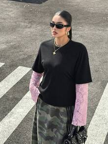 Muchica 大尺碼女款蕾絲拼接 2 合 1 休閒百搭日常出遊 T恤 - 彩色 - 查看 5